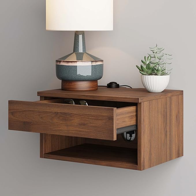 Nathan James Jackson Wall Mounted Floating Bedroom Nightstand with Storage Drawer and Modern Open Shelf Cubby Set of 2, Dark Brown Walnut
