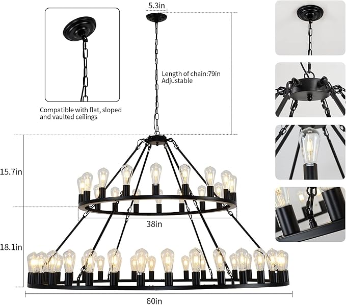 Wagon Wheel Chandelier 2 Tier 54-Light 60-inch, Farmhouse Industrial Chandelier Black Rustic Pendant Light Fixture Extra Large for High Ceilings, Living Room Foyer