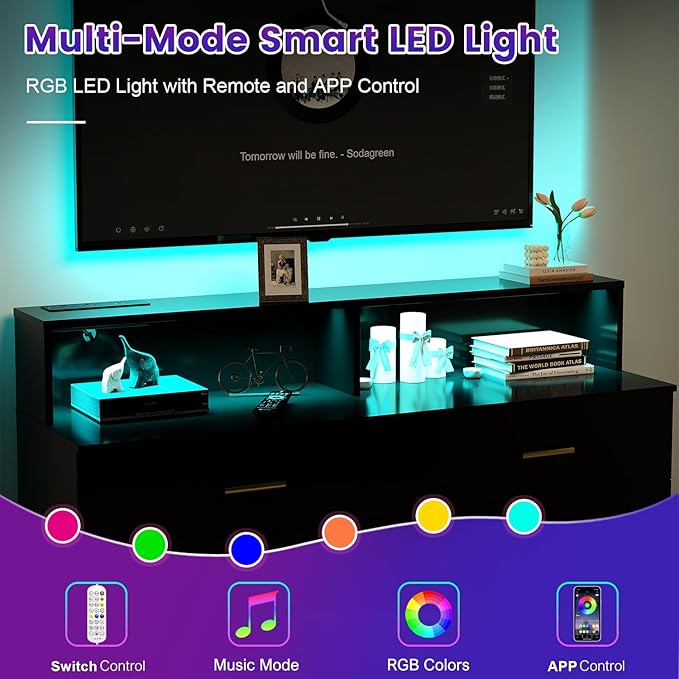 Black Dresser with LED Lights, 6 Drawer Dresser with Power Outlet for Bedroom, Large Wooden Chest of Drawers, Organizer Cabinet for Bedroom,Living Room,Hallway, Entryway