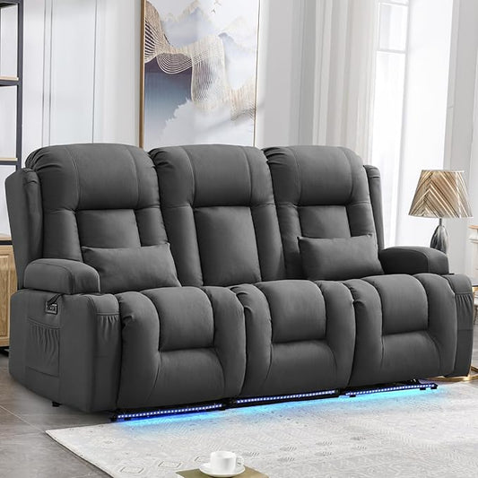 IPKIG Power Recliner Sofa with Flip-Up Backrest Console, USB & USB-C Ports, AC Outlet, LED Lights, Wall Hugger Recliners for Living Room, RV (Grey, 76.8" - 3 Seat) | Leathaire Fabric, Zero Gravity, Dual Reclining, 2 Lumabr Pillow