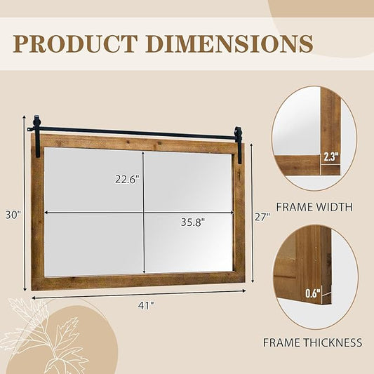 Farmhouse Bathroom Mirror, 41" x 30" Rustic Vanity Mirror, Barn Door Style Wood Framed Wall Mirrors, Rectangle Mirrors for Living Room, Entryway, Brown