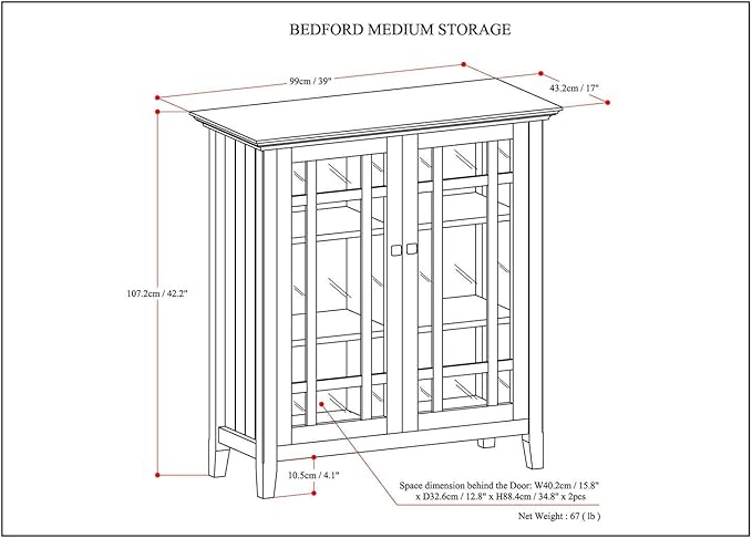 SIMPLIHOME Bedford Storage Cabinet - 39 inch Wide Solid Wood Medium Cabinet in Rustic Natural Aged Brown, Transitional Console for Living Room, Entryway, or Dining Room with Glass Doors and Shelves