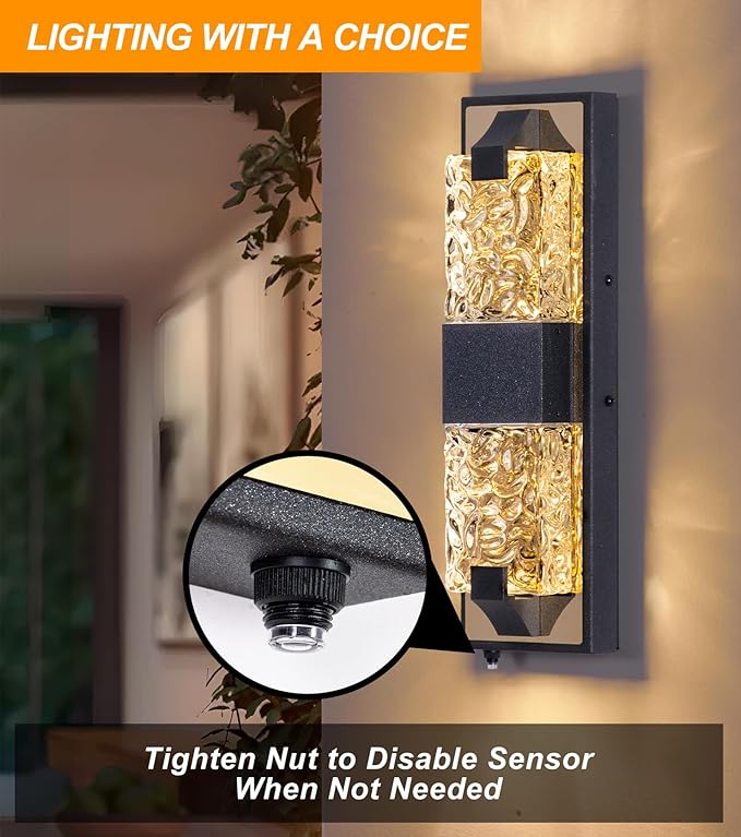 HITTO Porch Lights Outdoor, Dusk to Dawn Outdoor Lighting 15.6'' Outdoor Wall Sconce, IP65 Waterproof LED Exterior Lamp, Ripple Crystal Glass, Black&Gold Modern Porch Light for House Front Door 2 Pack