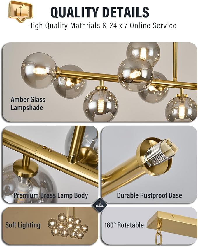 55" Long Brass Gold Chandeliers for Dining Room Kitchen Island, Large Globe Sputnik Linear Chandelier, 16 Lights Mid Century Modern Light Fixture Over Table, Smoke Grey Bubble, GC-08