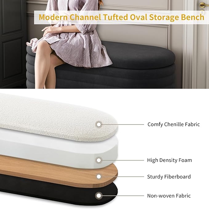 Ball & Cast Storage Ottoman Bench, 40" Chenille Upholstered Storage Bench for Bedroom End of Bed,Oval Ottoman with Storage,Entryway Bench with Safty Hinges for Living Room,Black