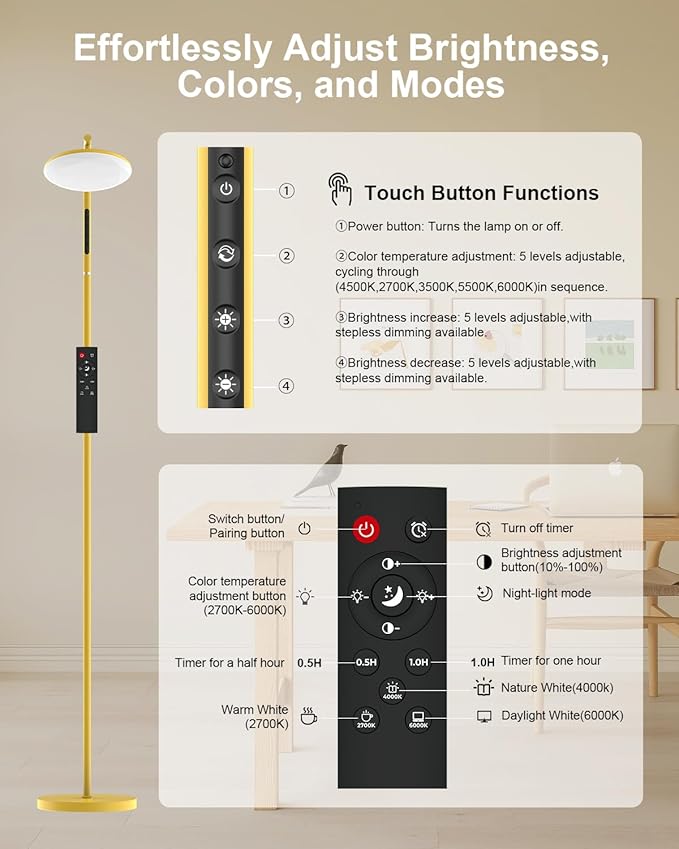 LED Floor Lamp, 32W Super Bright Standing Lamp with Remote Control, Modern Dimmable 69" Torchiere Tall Lamp, 350°Rotating Head Reading Floor Lamp for Living Room, Bedroom, Office, Gold