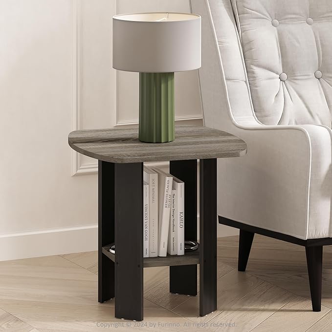 Furinno Modern Side Table, Square Round Corner End Table with Storage Shelf, Night Stand, Bedside Table, for Living Room, Bedroom, Grey Oak