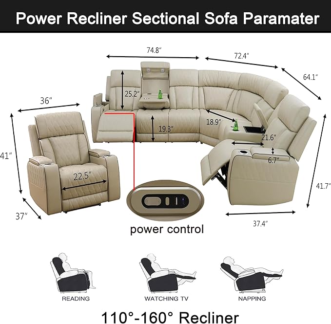 Power Reclining Sectional Sofa Set with LED, Living Room Furniture Sets, Leather Recliner Couch for Living Room/Home Theater, Sectional Couch and Chair with 3 Recliners, USB Port/Hide-Away Storage