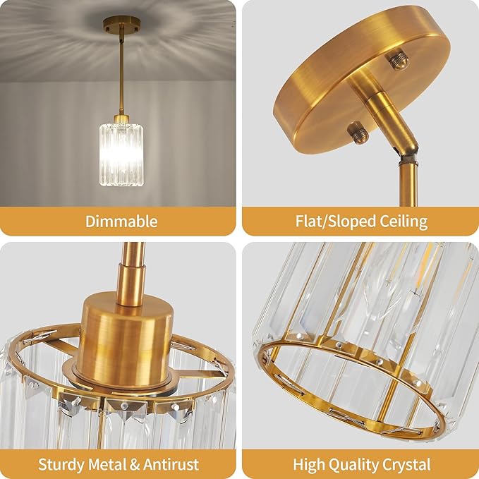 2 Pack Pendant Lights Kitchen Island, Modern Gold Crystal Pendant Lighting, Kitchen Hanging Light fixtures Mini Chandelier Pendant Lighting for Island Dining Room Hallway