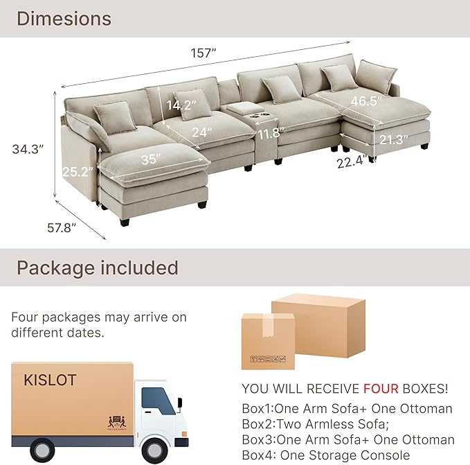 157" Oversized Modular Sectional Sofa with Storage Console,U-Shaped Cloud Couch with Movable Ottoman,Deep Seat,Thick Cushions, Multi Functional Console with USB & 2 Cup Holder,Sofa Set for Living Room | Wood Frame