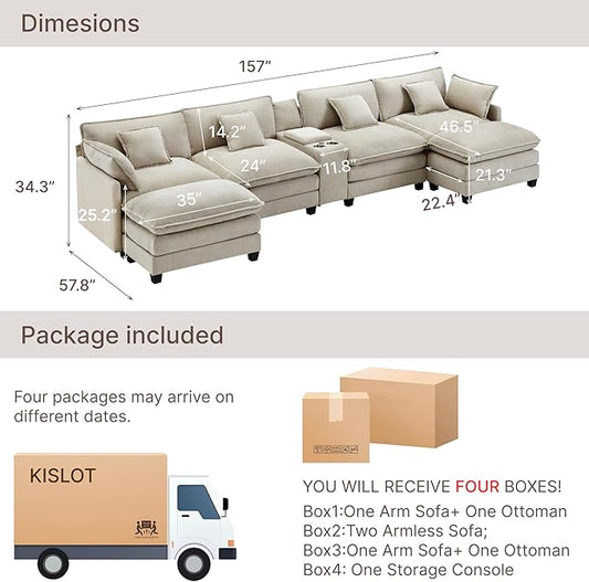 157" Oversized Modular Sectional Sofa with Storage Console,U-Shaped Cloud Couch with Movable Ottoman,Deep Seat,Thick Cushions, Multi Functional Console with USB & 2 Cup Holder,Sofa Set for Living Room | Wood Frame