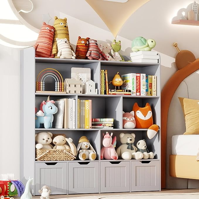 Gizoon Toy Storage Cabinet and Kids Bookcase with 4 Movable Drawers and 8 Open Shelves Toy Chest Shelf Organizer with Hidden Wheels for Playroom Nursery Kids Room, Grey