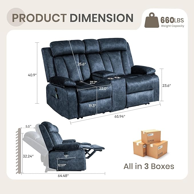 Power Reclining Loveseat with Heat & Massage, Dual Recliner Sofa with Console, Cup Holders, USB & Type-C Ports, 2 Seater Electric Reclining Couch for Living Room, RV (Blue, 2 Seat)