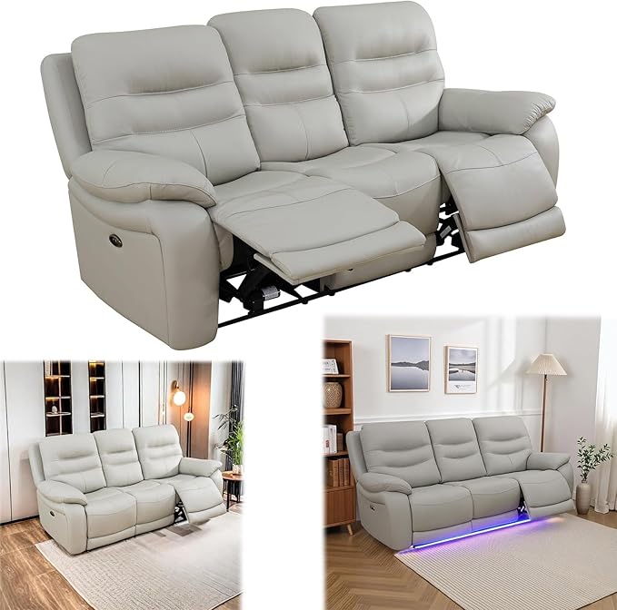 Power Reclining Sofa Set, Genuine Leather Recliner Sofa Set,Living Room Furniture Setwith USB Charging and LED Lights,for Living Room/Apartment/Office/Home Theather,Light Grey,S