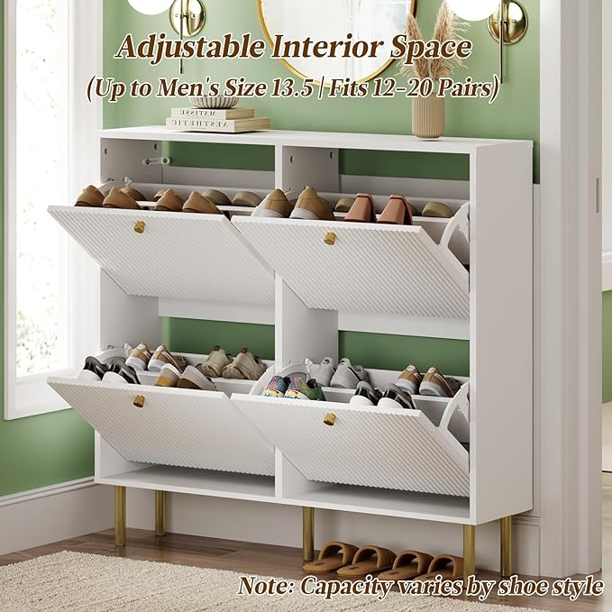 Nicetree Shoe Storage Cabinet for Entryway - 4 Flip Drawers Shoe Cabinet with Tiered Fluted Design - Slim Shoe Storage Rack with Gold Legs - Narrow Shoe Cabinet Hidden Shoe Organizer for Small Spaces