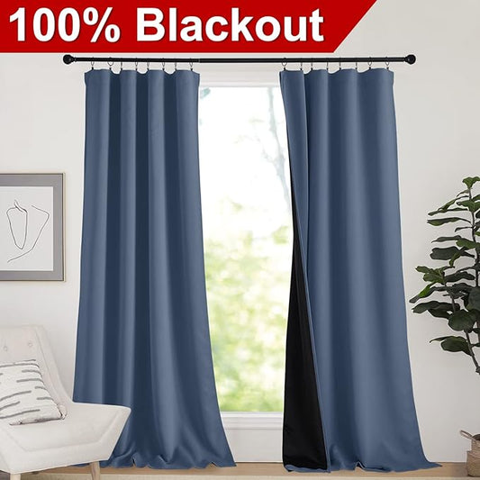 NICETOWN Insulated 100% Blackout Curtains, Elegant Decor Noise Reducing Performance Drapes, Full Light Blocking Draperies for Overnight Shift Worker (Stone Blue, 1 Pair, 52 inches x 95 inches)