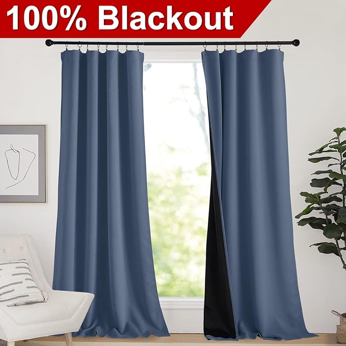 NICETOWN 100% Light Blocking Curtains, Sound Proof Drapes with Black Backing, Thermal Insulated Full Light Blocking Panels for Patio Sliding Door (Stone Blue, 1 Pair, 52 inches x 108 inches)
