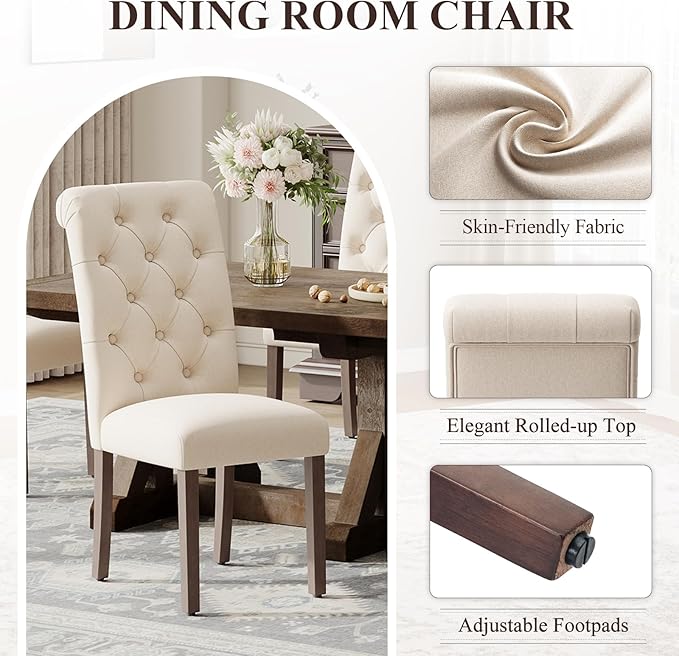 Upholstered Tufted Dining Room Chairs Set of 4, Parsons Kitchen Chairs with Padded Seat and Solid Wood Legs, Fabric Accent Side Diner Chair for Dining Room/Kitchen/Living Room, Beige