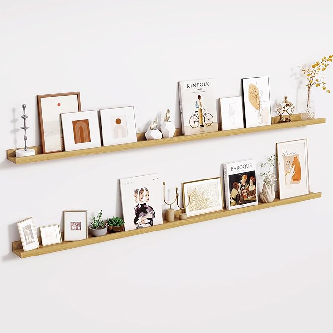 Fun Memories Long Wall Shelves Set of 2-72 Inch Floating Shelves for Wall - Picture Ledge Shelf with Lip for Storage - Wall - Mounted Shelves for Bedroom - Living Room - Kitchen - Oak Color