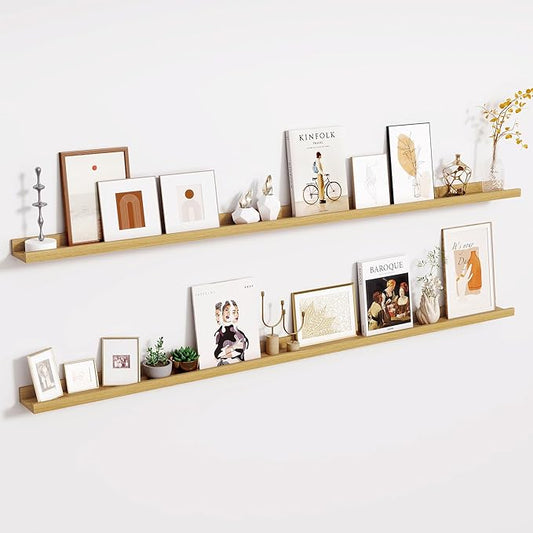 Fun Memories Long Wall Shelves Set of 2-72 Inch Floating Shelves for Wall - Picture Ledge Shelf with Lip for Storage - Wall - Mounted Shelves for Bedroom - Living Room - Kitchen - Oak Color
