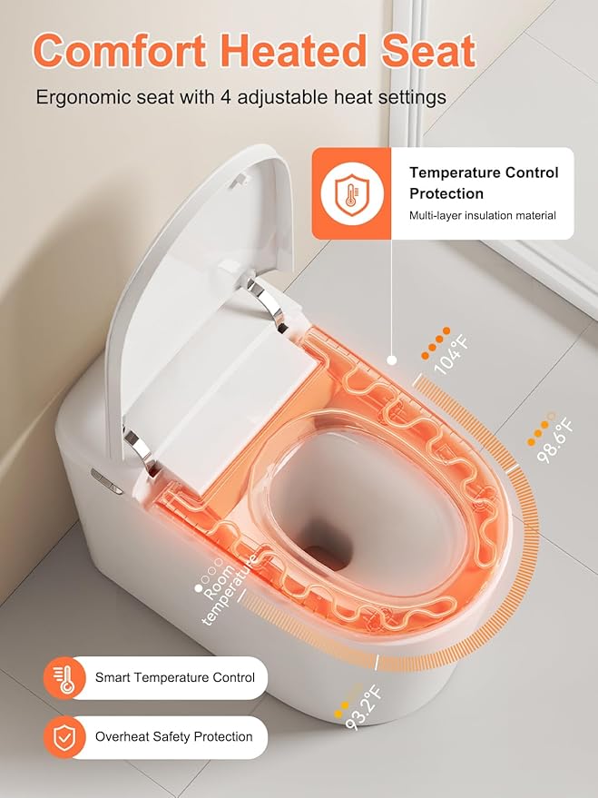 Smart Toilet with ADA Comfort Height Heated Seat, Night Light, Tankless Auto Toilet Flushing, Foot Sensor Operation, Modern Elongated One-Piece Toilet for Bathrooms