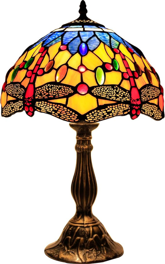 WERFACTORY Tiffany Lamp Stained Glass Bedside Table Lamp Orange Blue Dragonfly Style Reading Desk Light 12X12X18 Inches Decor Bedroom Living Room Home Office S168 Series