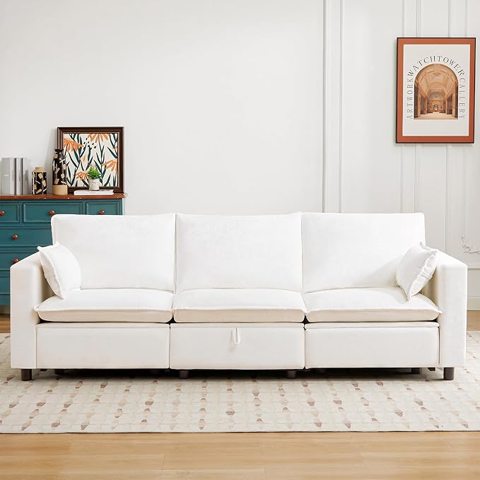 GUEAPY Power Reclining Sofa Cloud Couches for Living Room-Cloud Couch Sectional with Drawer,3 Seater Reclining Couches, Chenille Deep Reclining Sofa with Pillows, USB&Type-C Ports for Livingroom | Deep Seat, Cloud Couch, Drawer