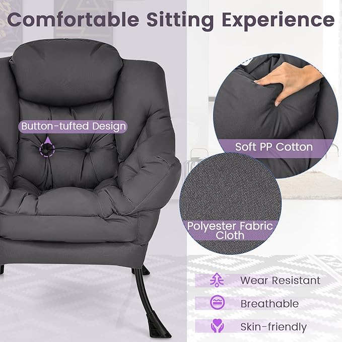 KOMFOTT Modern Accent Chair Set of 2, Soft Upholstered Lazy Sofa with Side Pocket & Armrests, Single Sofa Armchair, Leisure Sofa Chair for Living Room, Bedroom, Gray