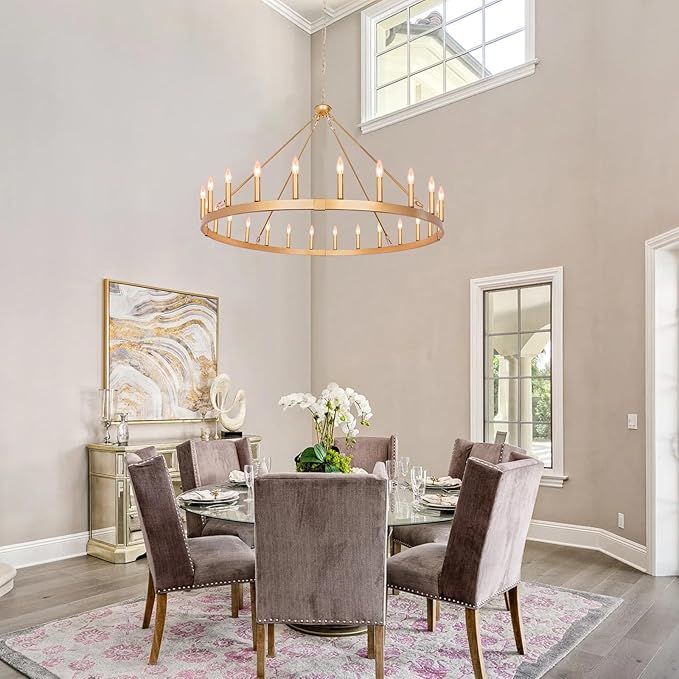 Gold Wagon Wheel Chandelier 48-Inch 24-Light, Extra Large Round Rustic Farmhouse Chandeliers for Outdoor Porch high Ceilings Dining Room Living Room Foyer Entryway