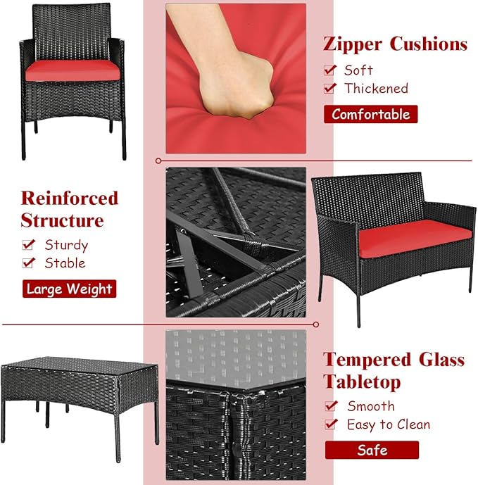 Tangkula 8 Piece Patio Furniture Set, Outdoor Wicker Conversation Set with Tempered Glass Coffee Table, Rattan Loveseat & Chairs Set with Seat Cushions for Backyard, Garden, Poolside (2, Red)