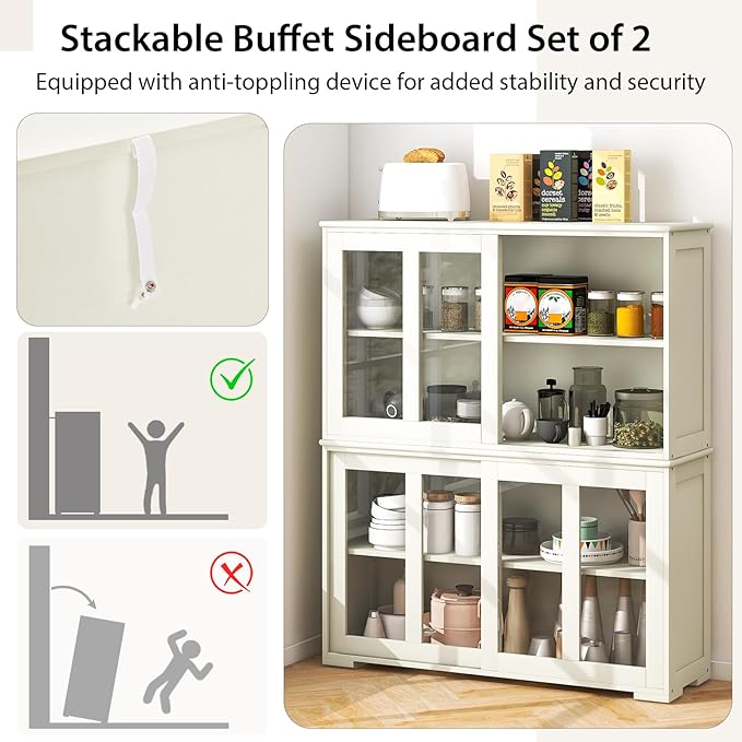 Byroce Sideboard Buffet Cabinet, Stackable Storage Coffee Bar Cabinet w/Adjustable Shelf & Glass Sliding Doors, Wood Cupboard Credenza Console Table for Kitchen Dining Living Room (2, Antique White)