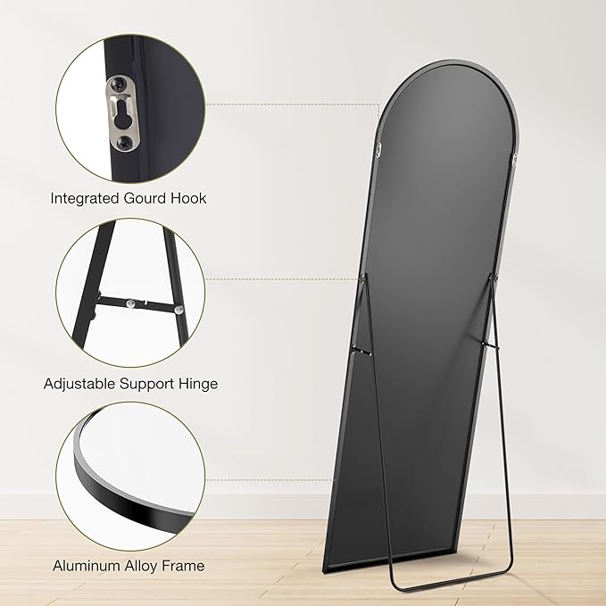 OLIXIS Arched Full Length Mirror 59"x16.3" for Bedroom, Full Body Mirror with Stand, Hanging or Leaning for Wall, Aluminum Alloy Thin Frame Floor Standing for Living Room, Long, Black