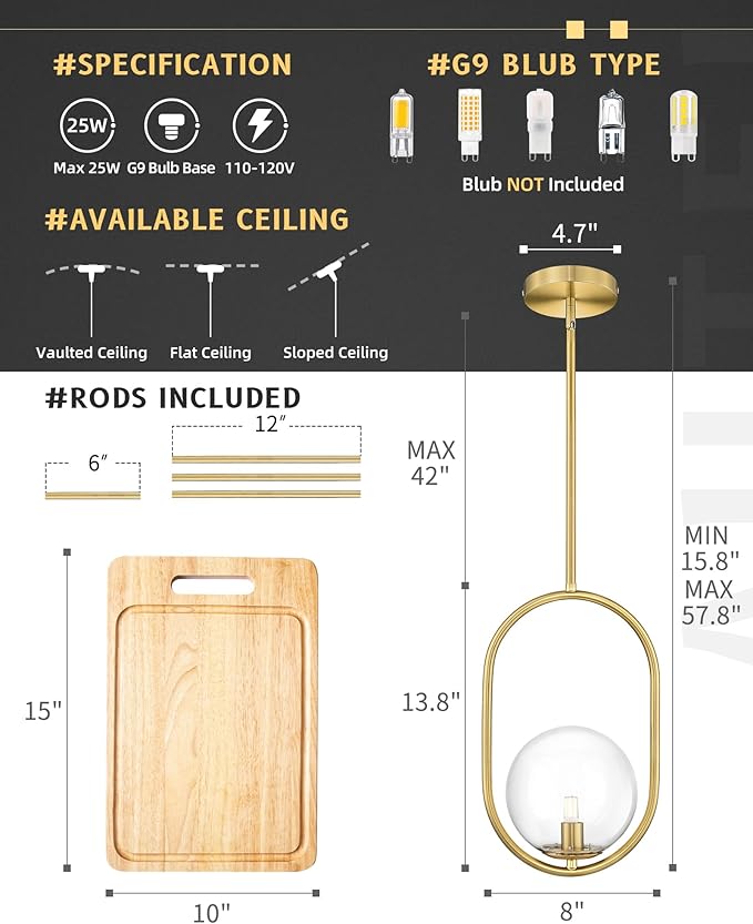 AUTELO Gold Pendant Lights, 1-Light Pendant Lights Kitchen Island in Brushed Gold Finish with Clear Globe Glass, Mid Century Pendant Light Fixtures, Gold Hanging Lights for Kitchen Island H9376 CLBG