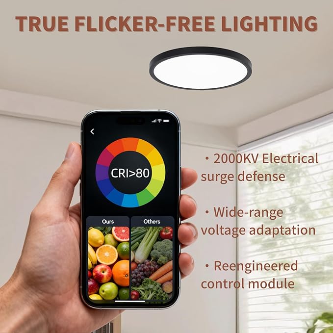 6Pack Flush Mount Ceiling Light Fixtures, 18W 2160LM & 5CCT Selectable (2700K-6500K), 8.66 Inch Edge-Lit LED Ceiling Lights for Bedroom Kitchen Hallway Closet Room Laundry, Black
