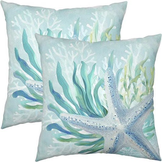 Nautical Coastal Outdoor Pillow Covers 24x24 Inch Set of 2 Beachy Ocean Starfish Coral Seagrass Pillow Cover Sea Life Decorative Cushion Case for Sofa Chair Patio Bed Couch