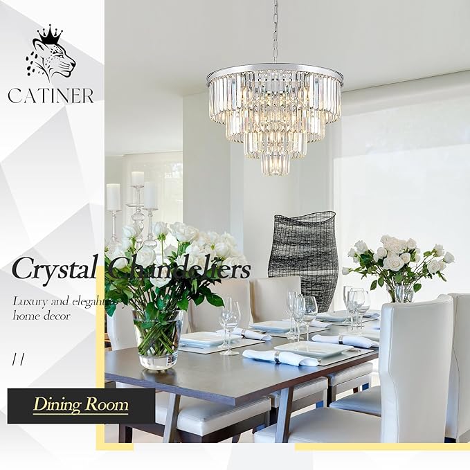 Modern Chrome Crystal Chandeliers 24” Luxury Chandeliers 4-Tier 12 Lights K9 Crystal Round Ceiling Pendant Light Fixture Contemporary for Living Dining Room Foyer Staircase Bedroom