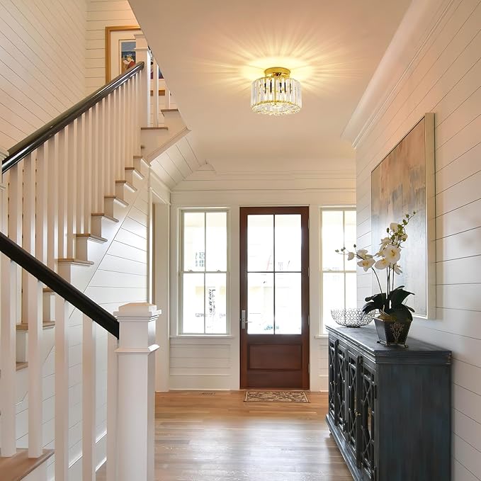 FRIDEKO HOME Crystal Ceiling Light - Gold Small Chandelier Semi Flush Mount Ceiling Light Fixture Modern Lights for Hallway Bathroom Kitchen Entryway (9.05 Inch, Bulb not Included)