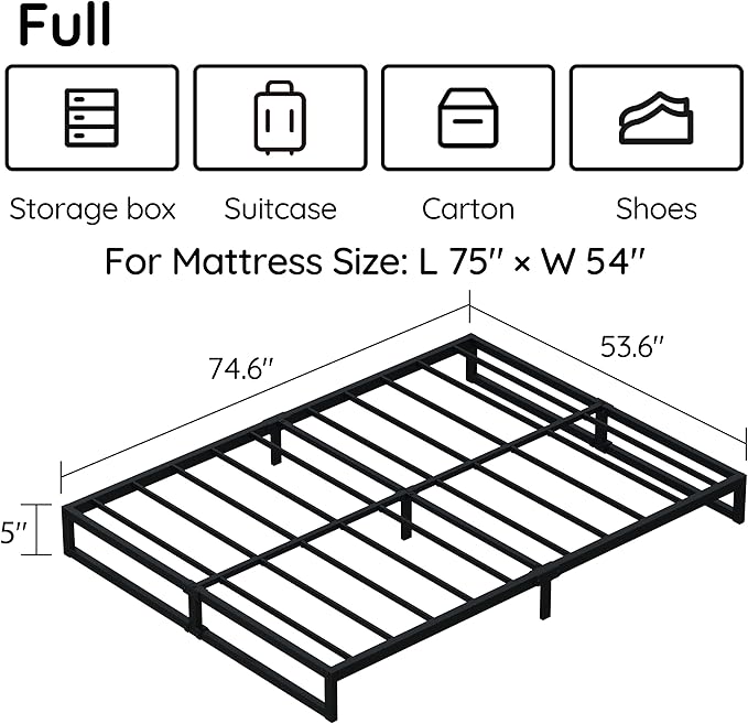 5 Inch Bed Frame Full Metal Platform Mattress Foundation with Steel Slat Support, No Box Spring Needed, Easy Assembly, Black