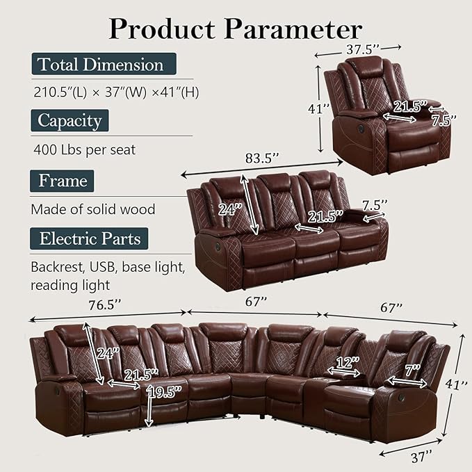Power Recliner Sectional Sofa Set, Brown Leather Sectional Couch Set with 5 Recliners for Living Room, L Shape Reclining Sofa with Cup Holder, Hidden Storage, Coffee Table for House(9 Seat)