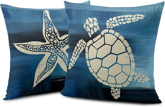 Marine Turtle Couch Pillow Covers 22x22 Pack of 2 Mediterranean Style Pillowcases Sea Animal Cushion Cases Navy Blue Throw Pillow Case for Patio Sofa Bed Decor
