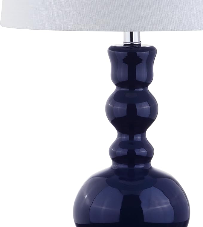 JONATHAN Y 28.5" Navy Glass Table Lamp Set of 2 for Living Room Bedroom Decor, Modern Bedside Lamps with White Linen Shade, LED Bulbs Included (JYL1061E-SET2)