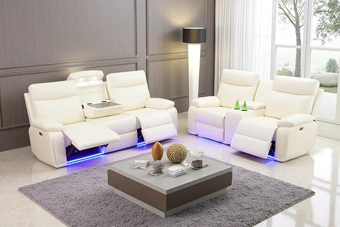 A Ainehome 2 Pieces Living Room Furniture Sets, Breathable Leather Power Recliner Sofa Set, Vanilla White Leather Reclining Sofa Loveseat Couches for Living Room with LED/Storage/Cup Holders