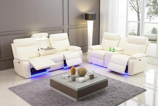 A Ainehome 2 Pieces Living Room Furniture Sets, Breathable Leather Power Recliner Sofa Set, Vanilla White Leather Reclining Sofa Loveseat Couches for Living Room with LED/Storage/Cup Holders