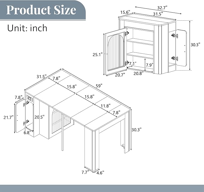 15.6" - 59" Extendable Dining Table, Mobile Kitchen Island with Storage Cabinet, Power Outlet and LED Lights, Space-Saving Dining Table for Small Spaces, Blue and Natural