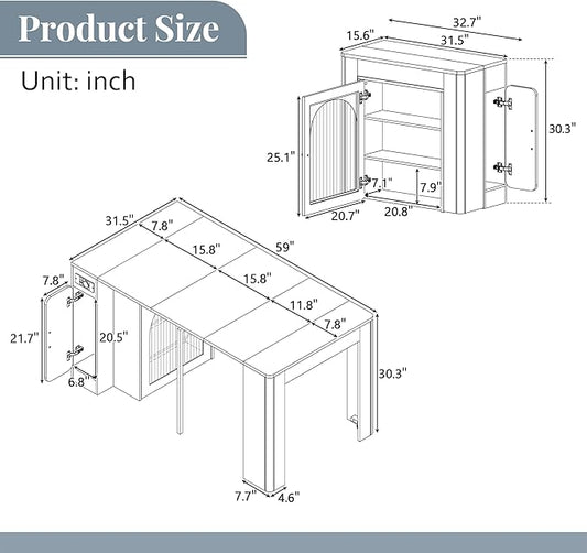 15.6" - 59" Extendable Dining Table, Mobile Kitchen Island with Storage Cabinet, Power Outlet and LED Lights, Space-Saving Dining Table for Small Spaces, Blue and Natural