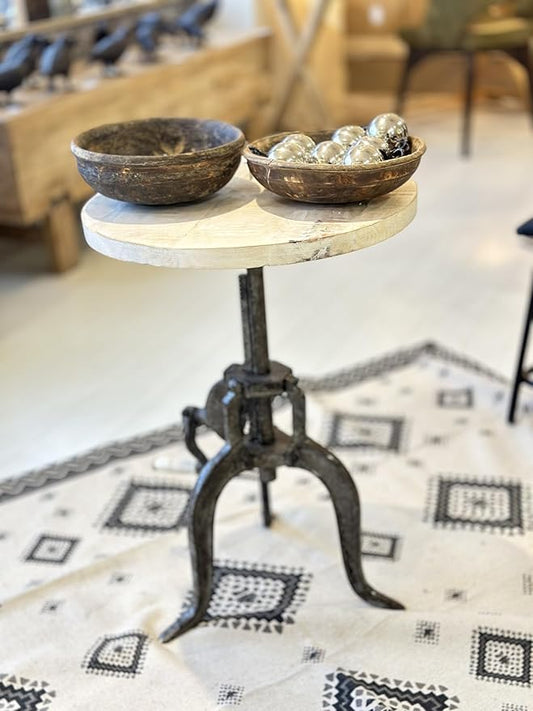 NACH Solid Mango Wood/Cast Iron Kai Adjustable Crank Side Table, Rustic Black, 18" x 1.13" x 18-27", CC-1816RB