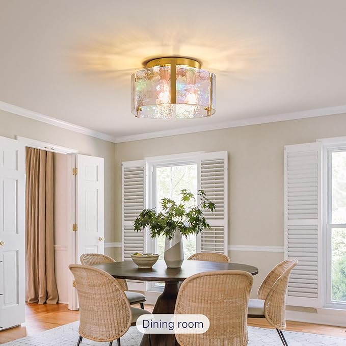 Gold Flush Mount Ceiling Light Fixture: 14.1'' Glass Semi Ceiling Light Fixtures - Mid Century Drum Kitchen Entryway Foyer Lighting - Modern Lights for Living,Dining Room Hallway Bathroom Bedroom