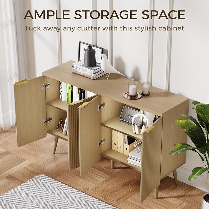 47.2" Modern Fluted Wood Sideboard – 4-Door Buffet Cabinet with Adjustable Shelves, Multi-Space Storage Credenza for Living Room, Dining Room & Entryway, Natual Oak
