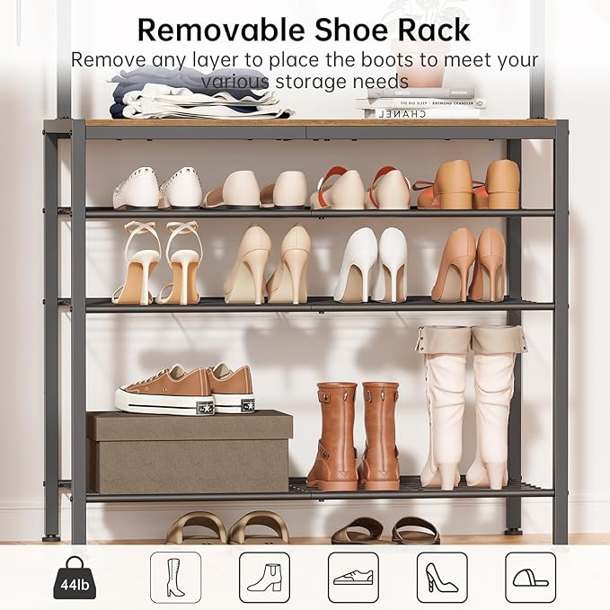 Hall Tree, Entryway Shoe Rack with Coat Rack, 5 Tier Adjustable Shoe Storage with 45.7" Long Coat Rack for Front Door, Garage, Closet, Freestanding, Industrial, Rustic Brown and Ink Black