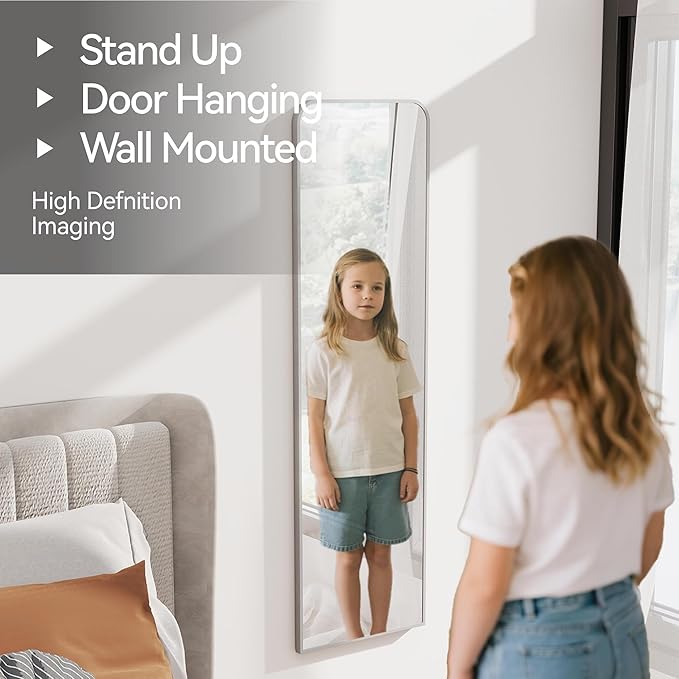 47x14 Mirror Full Length Door Hanging Wall Mounted Aluminum Alloy Metal Frame Dressing Make-up Save Space Half Body Mirrors for Entryway Bedroom Bathroom Living Room 47 inch Silver